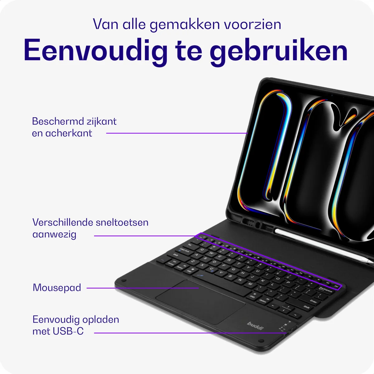 Buddi Zuna iPad Pro 12.9 (2018/2020/2021/2022) Hoes met QWERTY Toetsenbord Zwart afbeelding 3