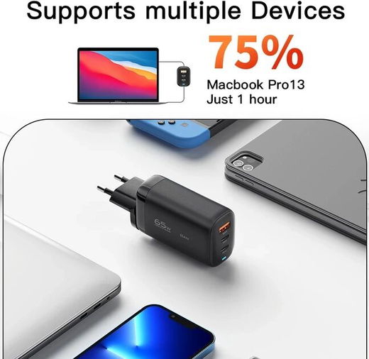 Essager GaN Snellader 65W Power Delivery en Quick Charge Adapter Zwart afbeelding 3