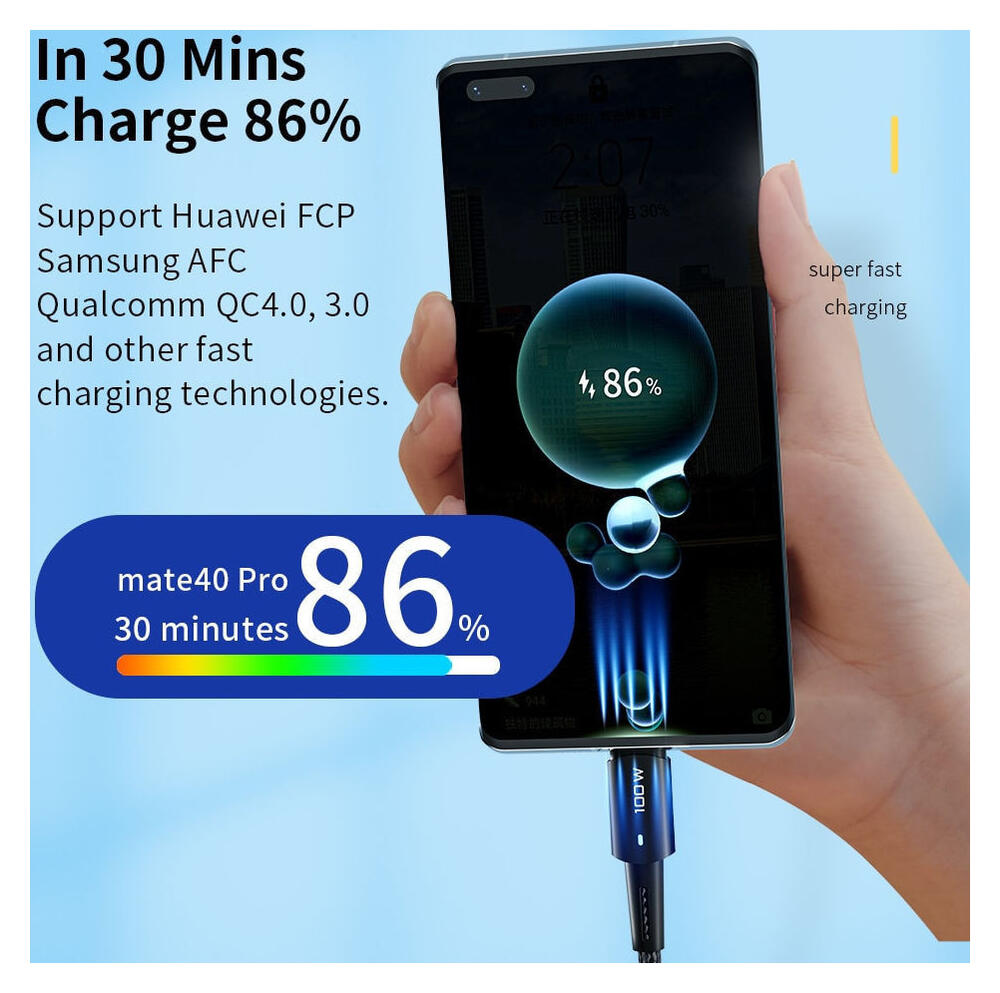 Essager 100W USB-C Snellaad Kabel 5A 2M Blauw afbeelding 3