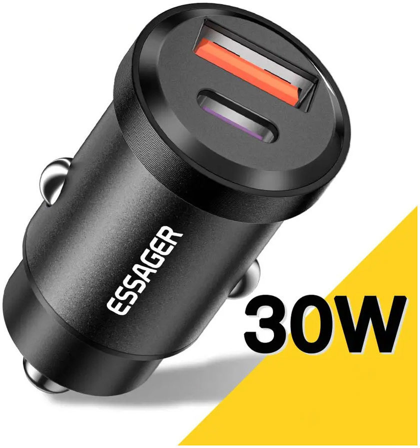 Essager USB/USB-C Autolader 30W Power Delivery en Quick Charge Zwart afbeelding 1
