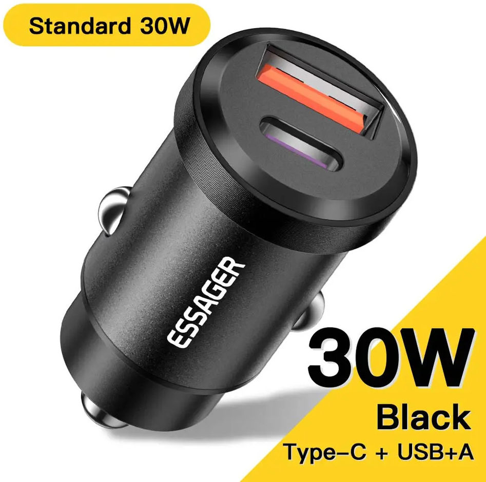 Essager USB/USB-C Autolader 30W Power Delivery en Quick Charge Zwart afbeelding 2