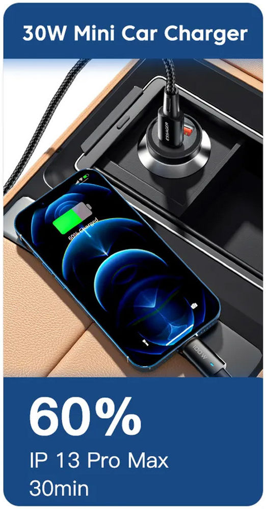 Essager USB/USB-C Autolader 30W Power Delivery en Quick Charge Zwart afbeelding 4