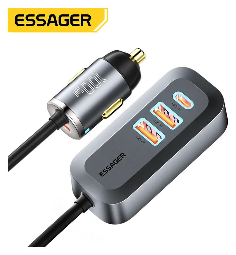 Essager Auto Snellader 100W met Power Delivery en Quick Charge Grijs afbeelding 1