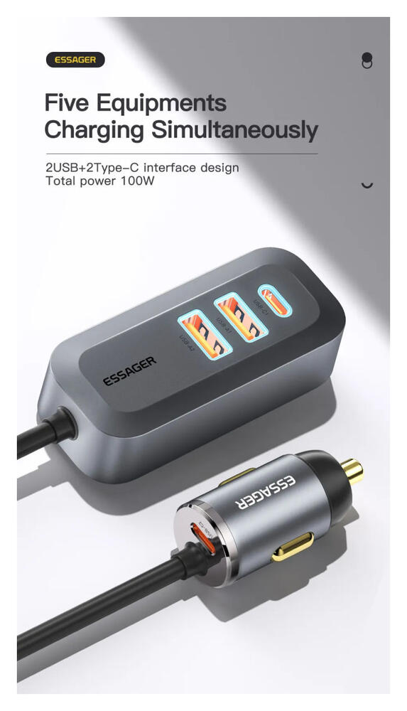 Essager Auto Snellader 100W met Power Delivery en Quick Charge Grijs afbeelding 7