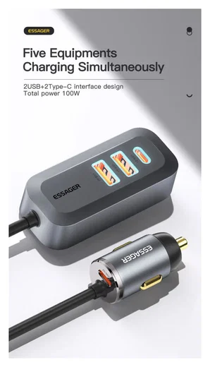 Essager Auto Snellader 100W met Power Delivery en Quick Charge Grijs afbeelding 7
