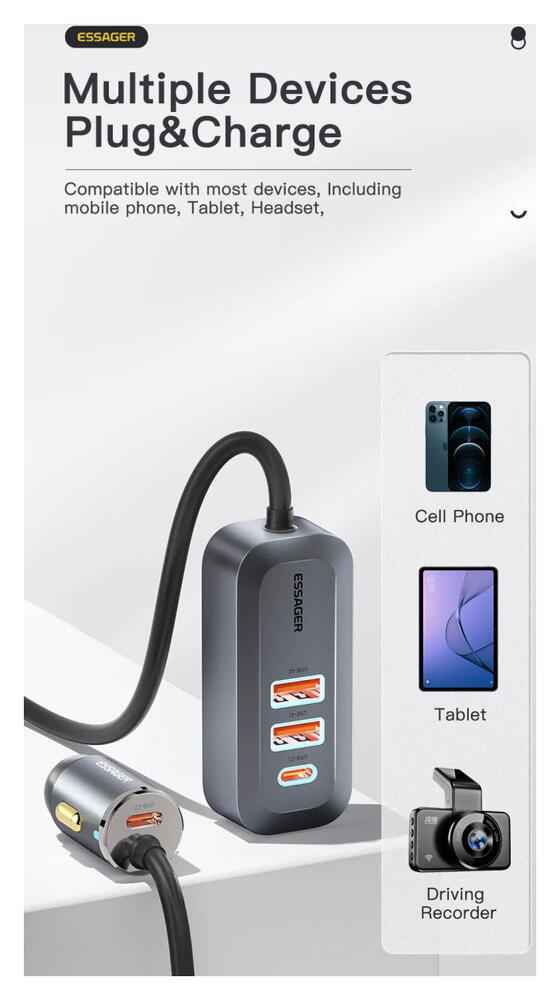 Essager Auto Snellader 100W met Power Delivery en Quick Charge Grijs afbeelding 6