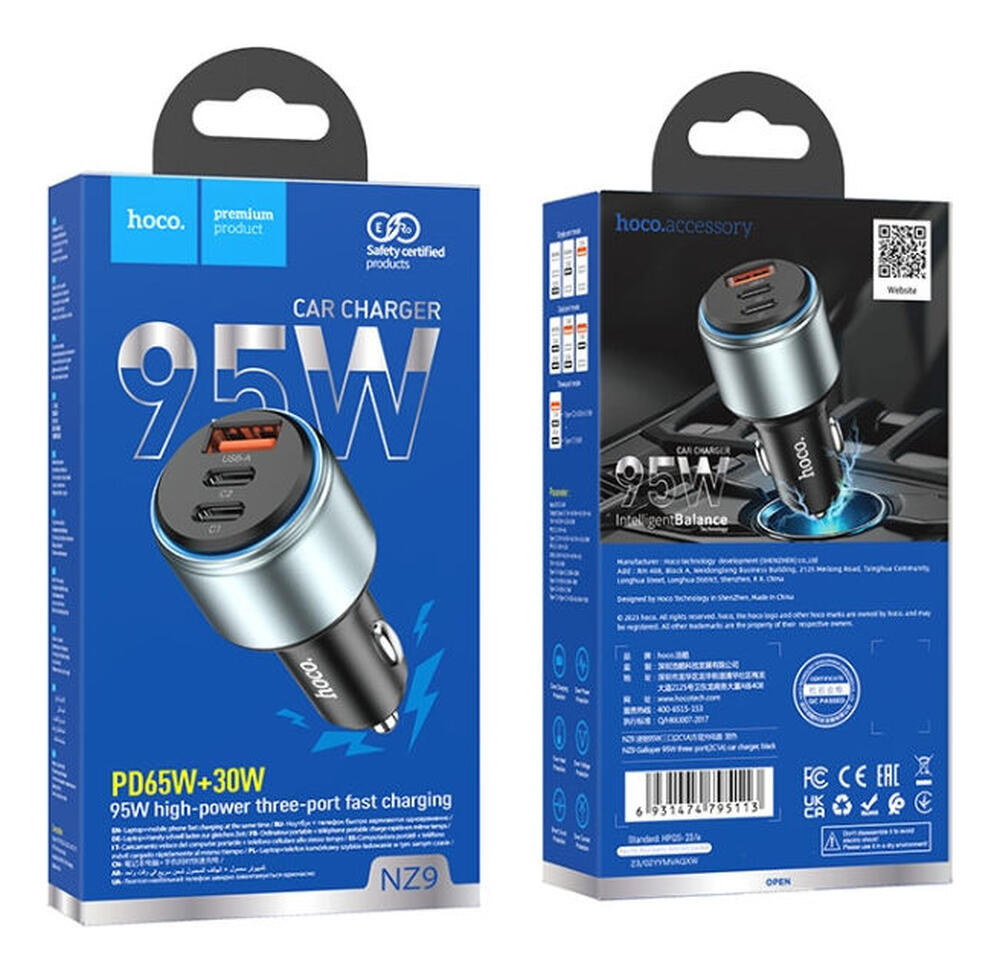 Hoco NZ9 95W Fast Charge Auto Snellader met PD en QC Zwart afbeelding 7