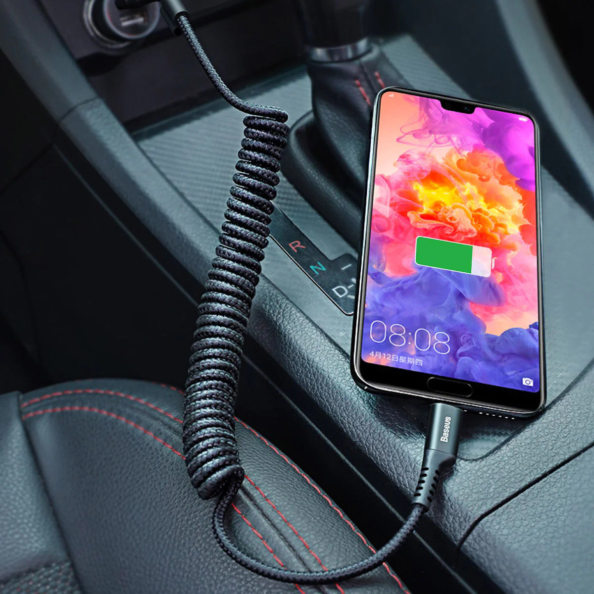 Baseus Uitrekbare USB 2.0 naar USB-C Kabel Krulsnoer 1M 2A Zwart afbeelding 2