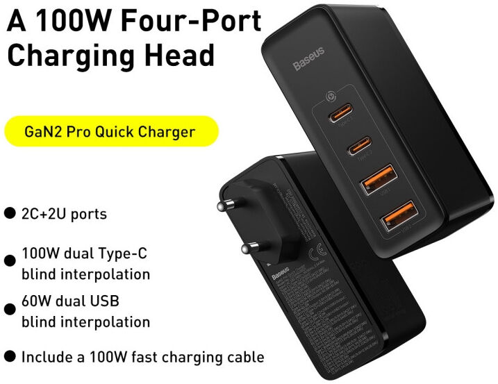 Baseus GaN2 100W Snellader met Power Delivery + 100W USB-C Kabel Zwart afbeelding 4
