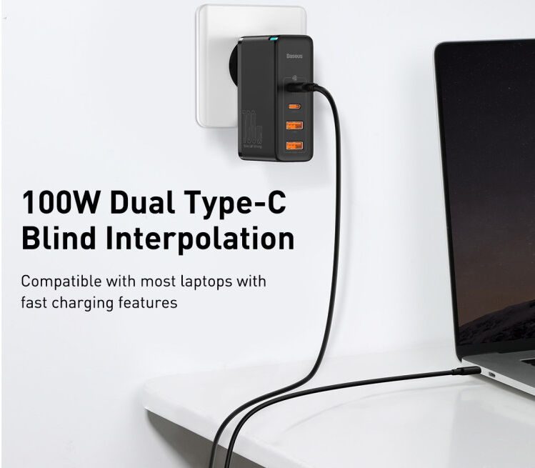 Baseus GaN2 100W Snellader met Power Delivery + 100W USB-C Kabel Zwart afbeelding 5