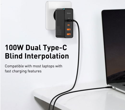 Baseus GaN2 100W Snellader met Power Delivery + 100W USB-C Kabel Zwart afbeelding 5
