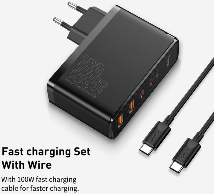 Baseus GaN2 100W Snellader met Power Delivery + 100W USB-C Kabel Zwart afbeelding 9