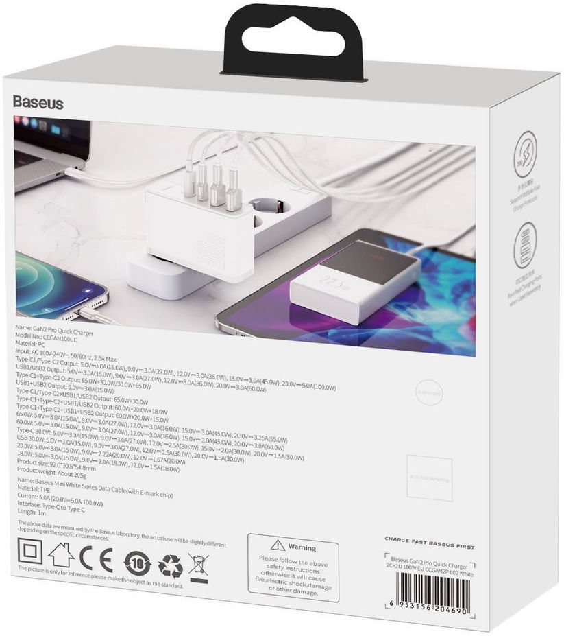 Baseus GaN2 100W USB-AACC Snellader PD + 100W USB-C Kabel Wit afbeelding 10