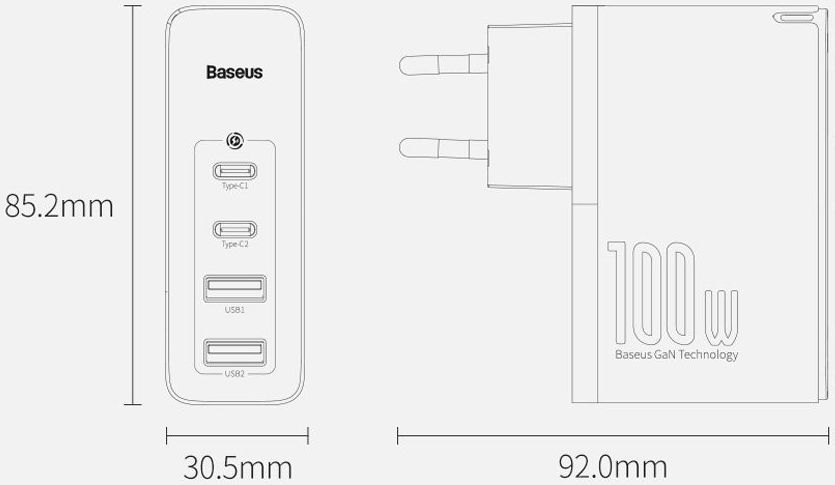 Baseus GaN2 100W USB-AACC Snellader PD + 100W USB-C Kabel Wit afbeelding 13