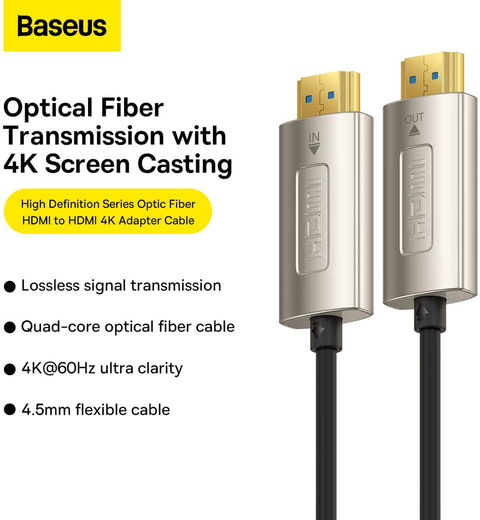 Baseus HD Optic Fiber HDMI naar HDMI 4K@60Hz Kabel 15M Zwart afbeelding 3