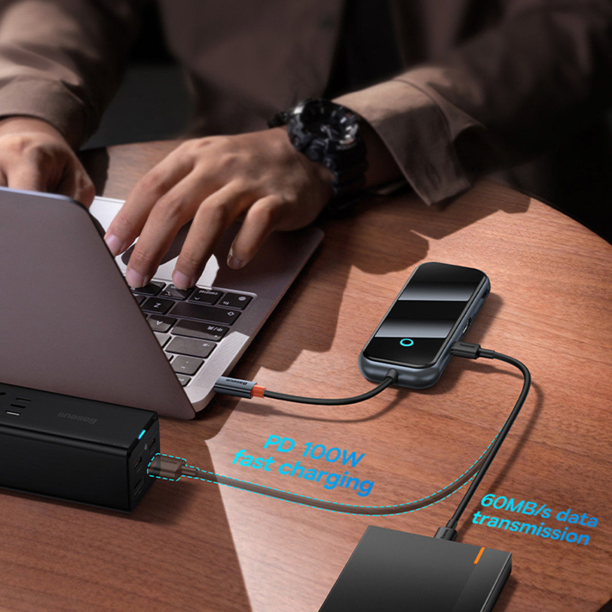 Baseus 8-in-1 USB-C Hub HDMI/USB 3.0/USB 2.0/USB-C PD/RJ45/SD/TF Grijs afbeelding 7