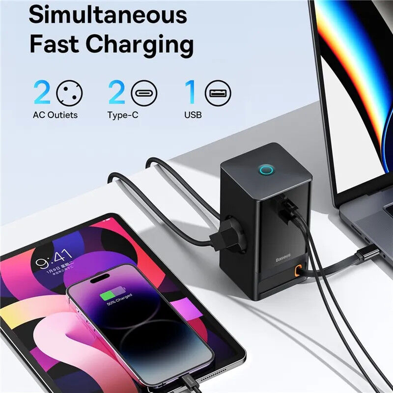 Baseus GaN 65W Fast Charge Laadstation met AC/USB-C/USB-A Zwart afbeelding 3