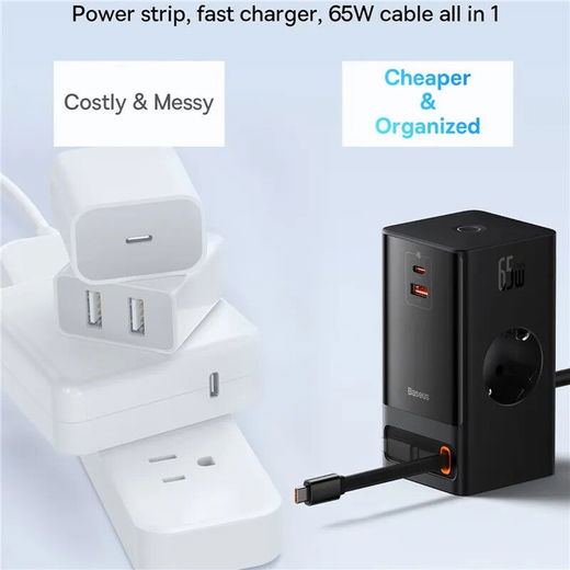 Baseus GaN 65W Fast Charge Laadstation met AC/USB-C/USB-A Zwart afbeelding 5