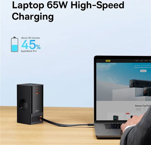 Baseus GaN 65W Fast Charge Laadstation met AC/USB-C/USB-A Zwart afbeelding 6