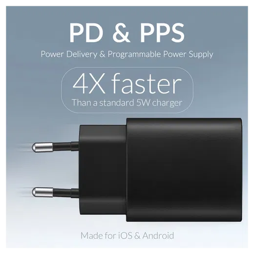 Mobilize 25W Power Delivery / PPS Charge USB-A en USB-C Adapter Zwart afbeelding 5