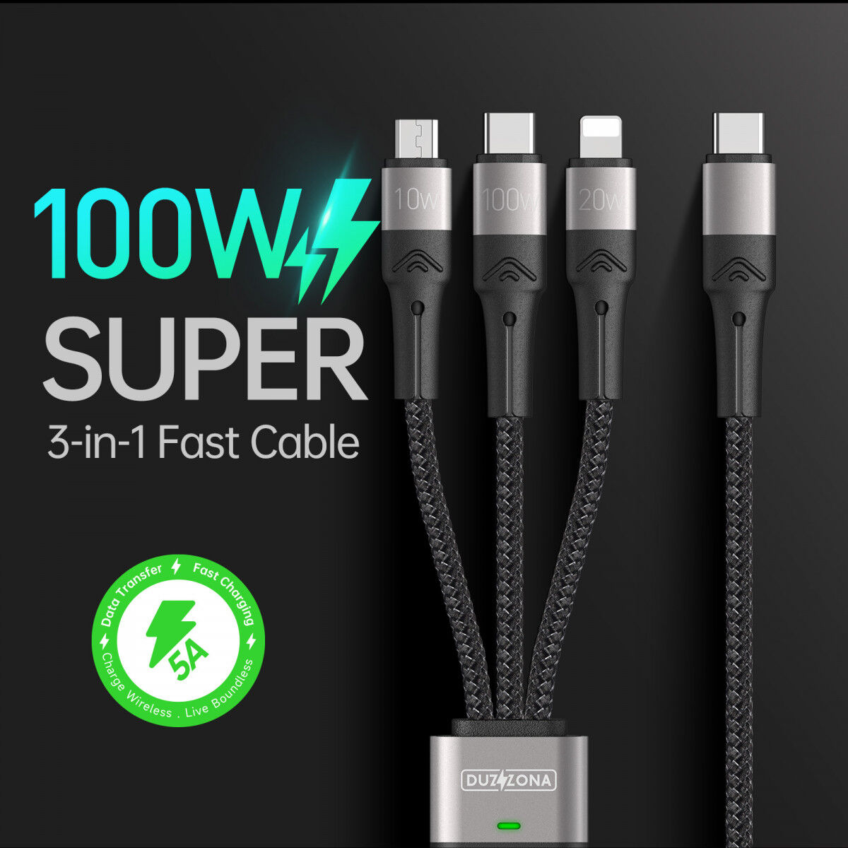 Duzzona USB-C 3-in-1 USB-C/Lightning /MicroUSB Kabel 100W 1.3M Zwart afbeelding 2
