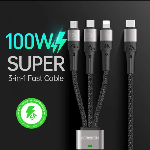 Duzzona USB-C 3-in-1 USB-C/Lightning /MicroUSB Kabel 100W 1.3M Zwart afbeelding 2