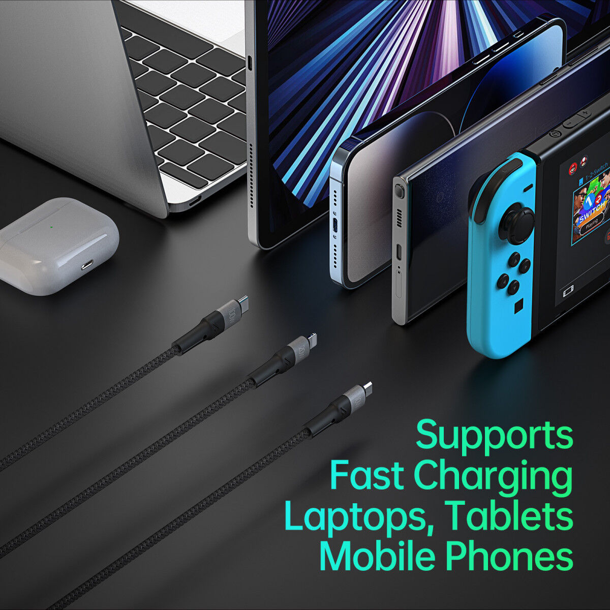 Duzzona USB-C 3-in-1 USB-C/Lightning /MicroUSB Kabel 100W 1.3M Zwart afbeelding 5