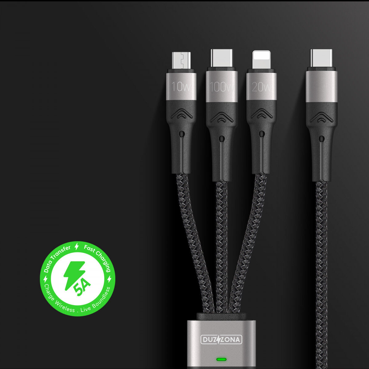 Duzzona USB-C 3-in-1 USB-C/Lightning /MicroUSB Kabel 100W 1.3M Zwart afbeelding 7