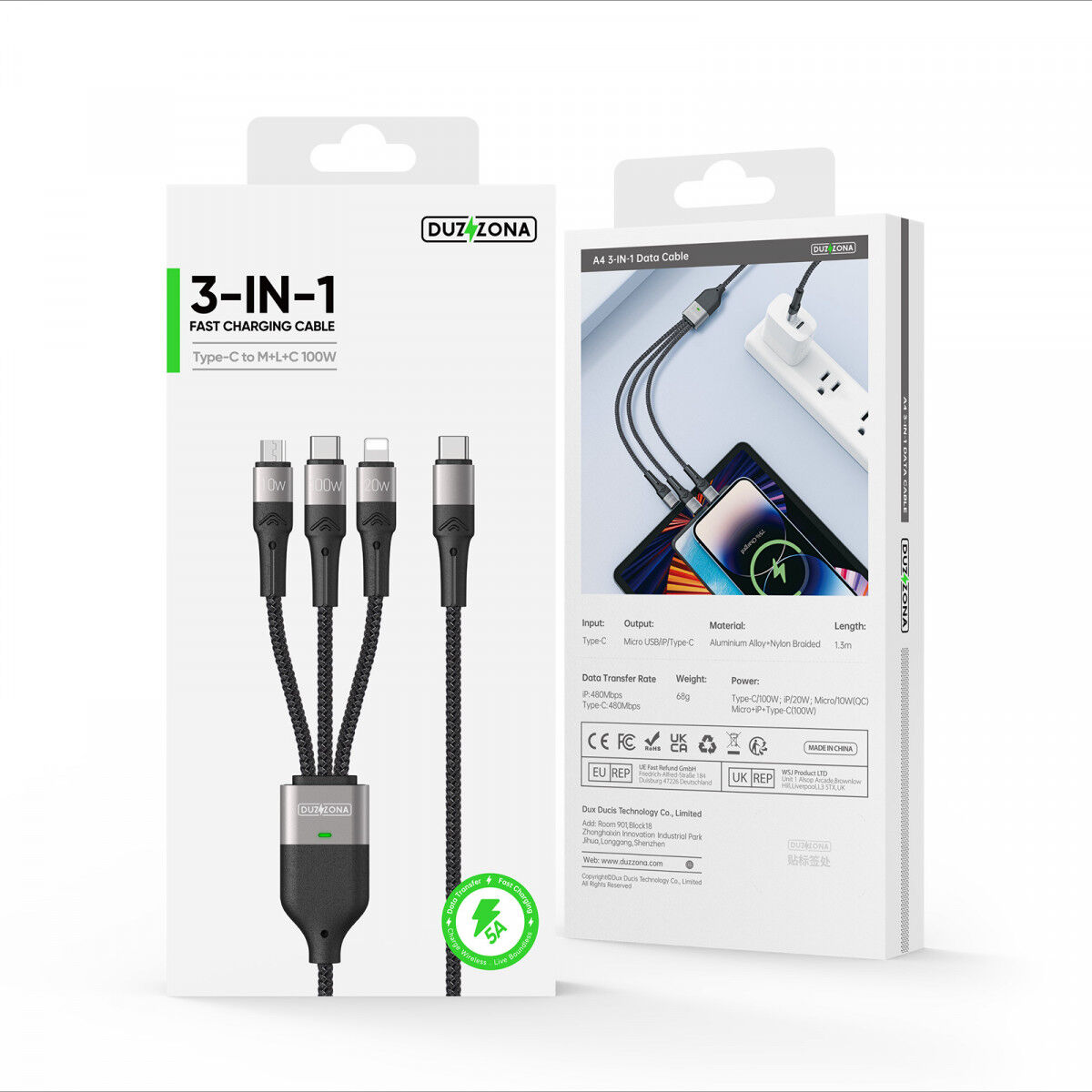 Duzzona USB-C 3-in-1 USB-C/Lightning /MicroUSB Kabel 100W 1.3M Zwart afbeelding 8