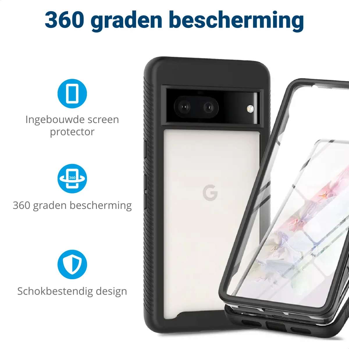 Google Pixel 8 Hoesje Full Protect 360° Cover Hybride Zwart afbeelding 2