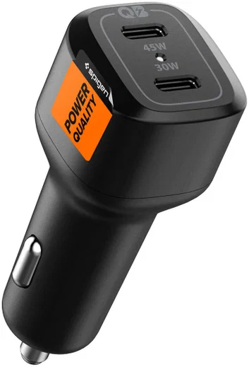 Spigen PC2200 Power Delivery Duo USB-C Autolader 75W Fast Charge Zwart afbeelding 1