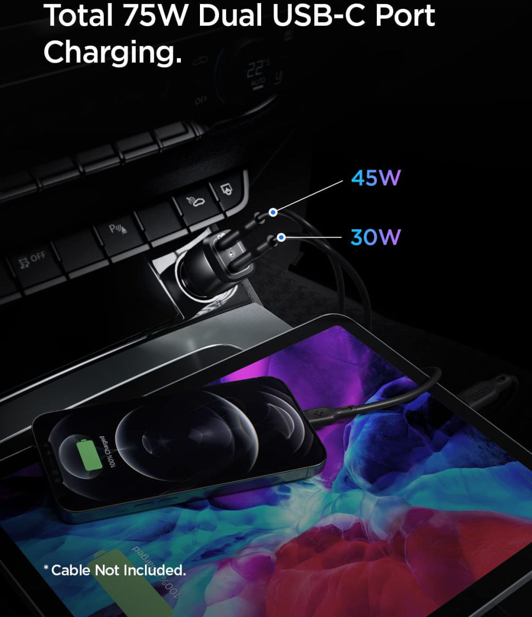 Spigen PC2200 Power Delivery Duo USB-C Autolader 75W Fast Charge Zwart afbeelding 2