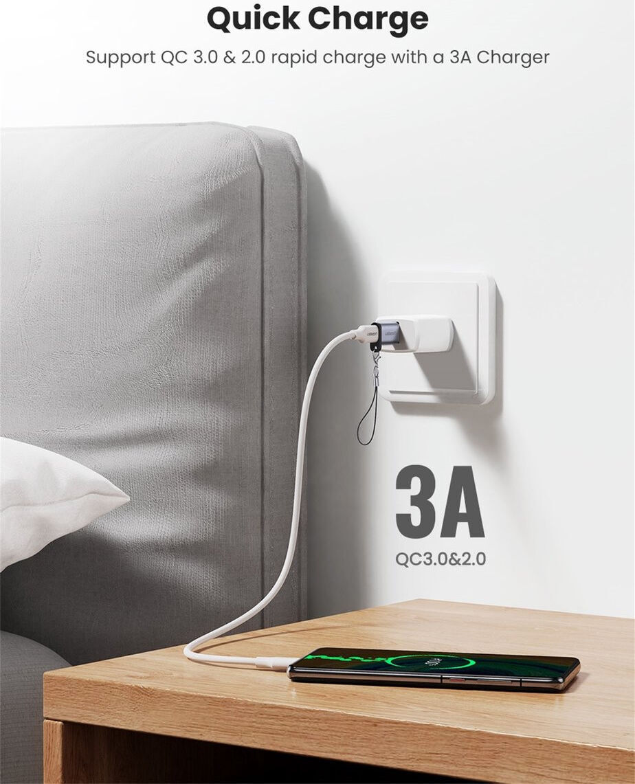 UGREEN 3A Fast Charge USB-A 3.0 naar USB-C Female Adapter 5Gbps Grijs afbeelding 3
