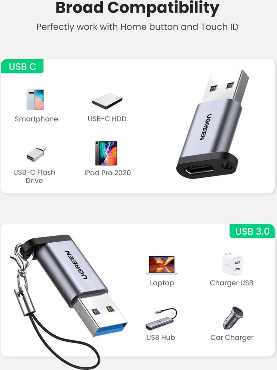 UGREEN 3A Fast Charge USB-A 3.0 naar USB-C Female Adapter 5Gbps Grijs afbeelding 8