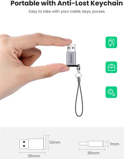 UGREEN 3A Fast Charge USB-A 3.0 naar USB-C Female Adapter 5Gbps Grijs afbeelding 9