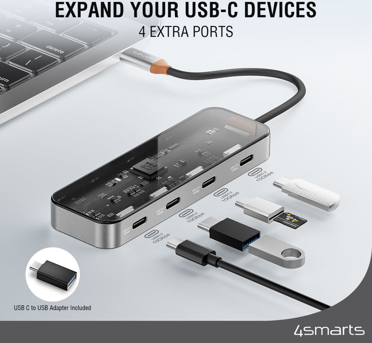 4smarts 4-in-1 USB-C naar 4x USB-C Hub 10Gbps Grijs afbeelding 3