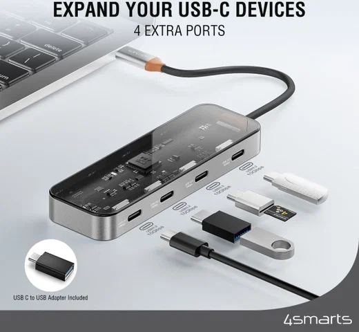 4smarts 4-in-1 USB-C naar 4x USB-C Hub 10Gbps Grijs afbeelding 3