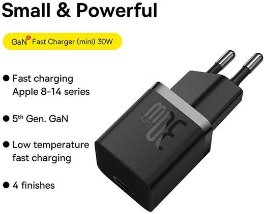 Baseus GaN5 30W Compacte Fast Charger USB-C Zwart afbeelding 2
