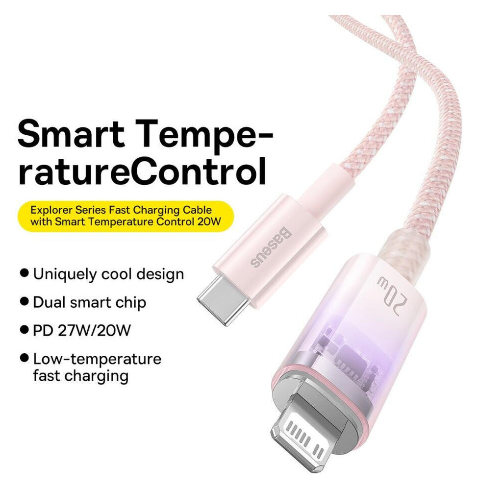 Baseus Explorer USB-C naar Apple Lightning Kabel PD 20W Roze 2 Meter afbeelding 3