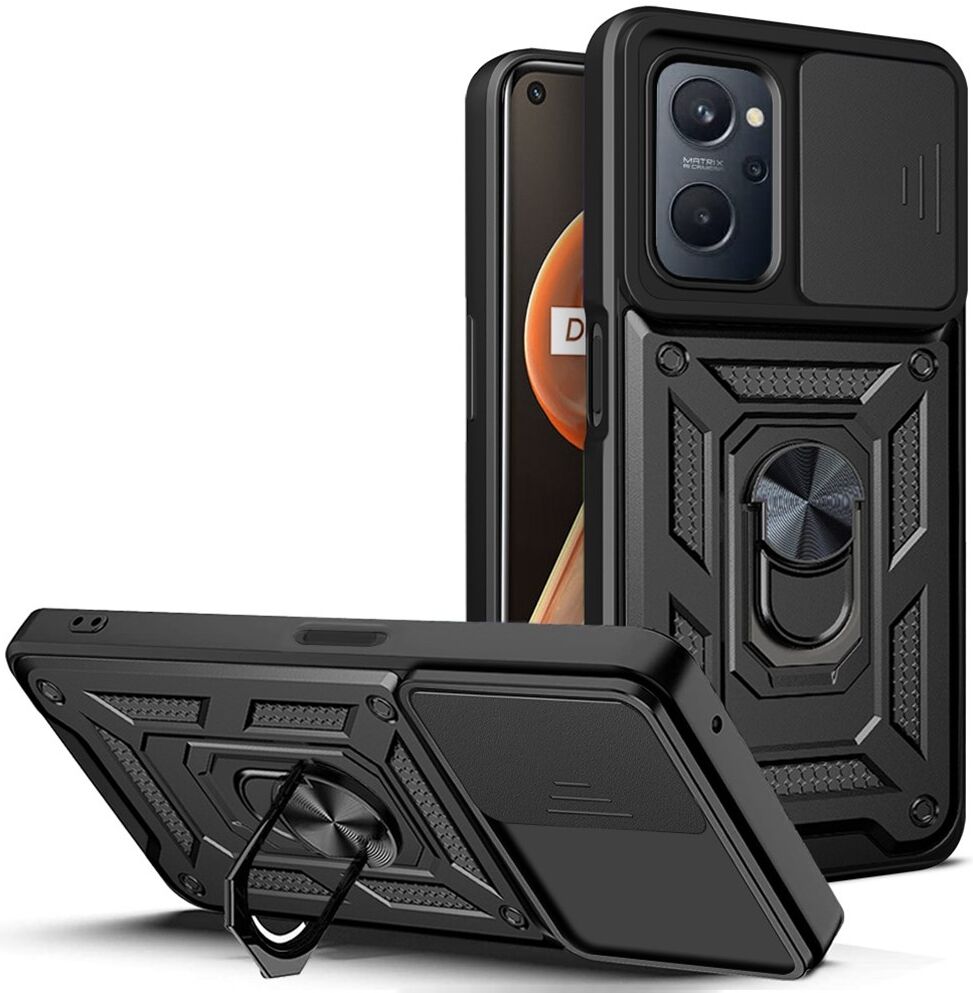 Realme 9i/Oppo A76/A96 Hoesje Camera Slider en Kickstand Ring Zwart afbeelding 1
