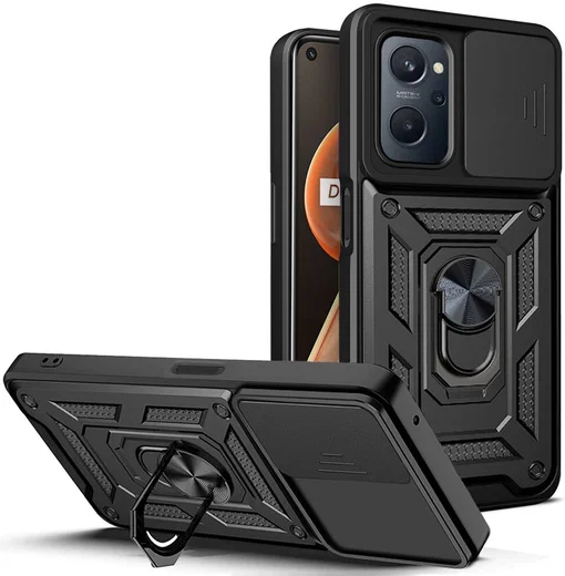 Realme 9i/Oppo A76/A96 Hoesje Camera Slider en Kickstand Ring Zwart afbeelding 1
