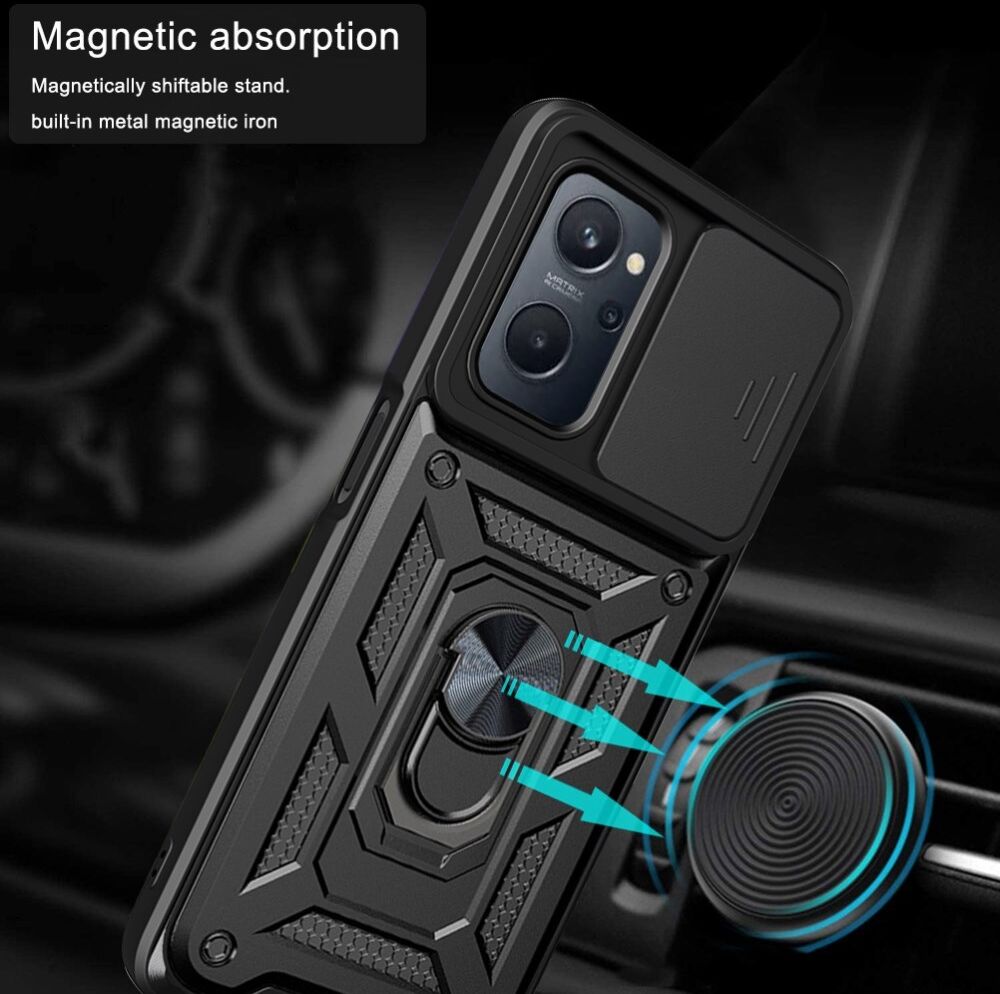 Realme 9i/Oppo A76/A96 Hoesje Camera Slider en Kickstand Ring Zwart afbeelding 3