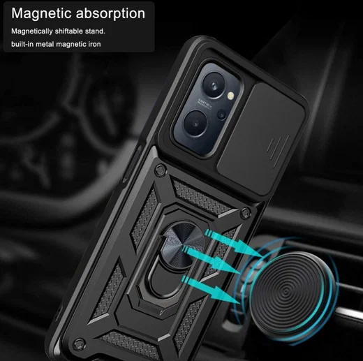 Realme 9i/Oppo A76/A96 Hoesje Camera Slider en Kickstand Ring Zwart afbeelding 3