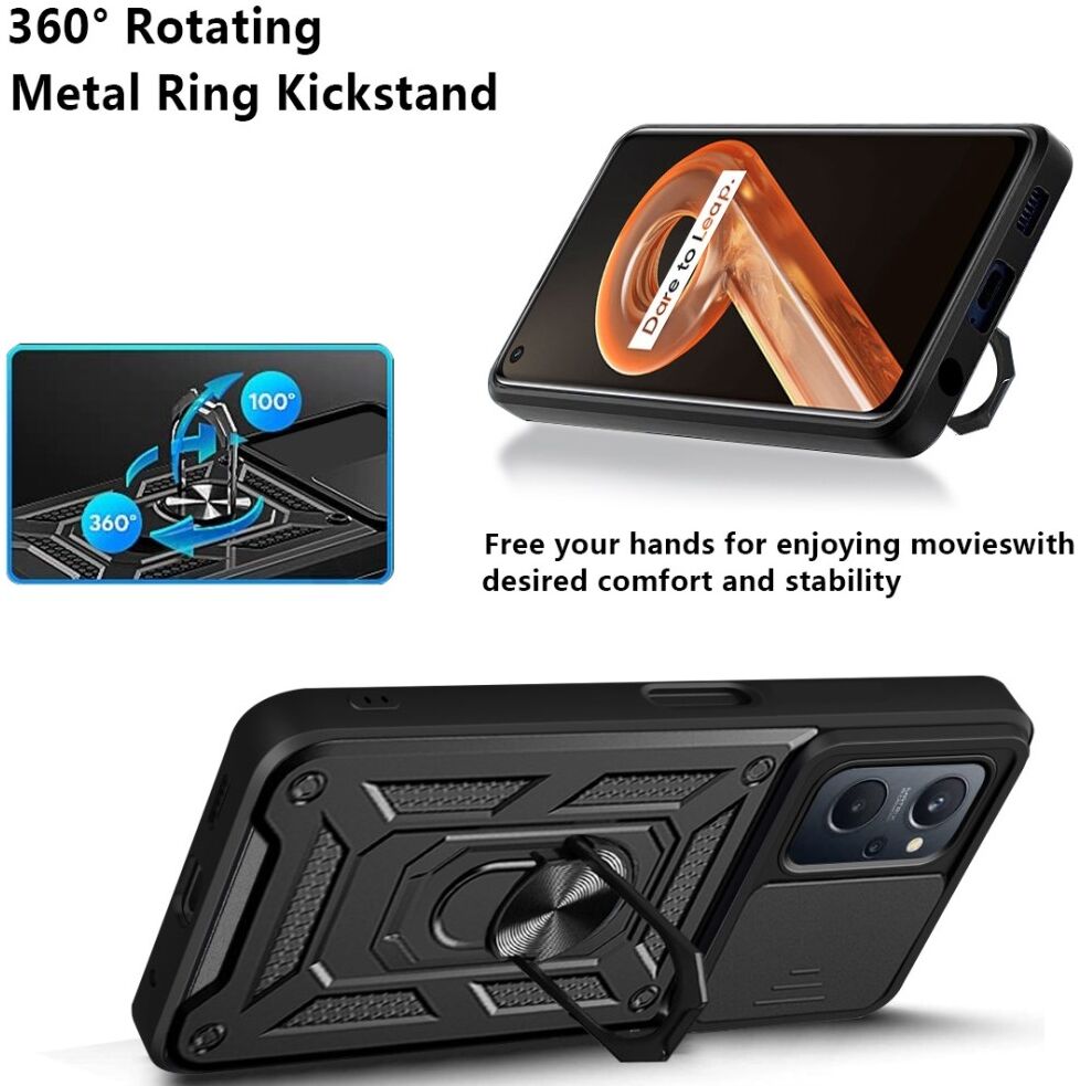 Realme 9i/Oppo A76/A96 Hoesje Camera Slider en Kickstand Ring Zwart afbeelding 5