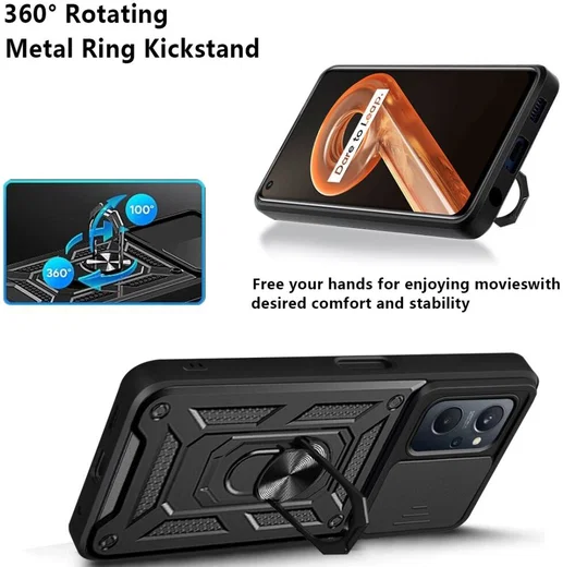 Realme 9i/Oppo A76/A96 Hoesje Camera Slider en Kickstand Ring Zwart afbeelding 5