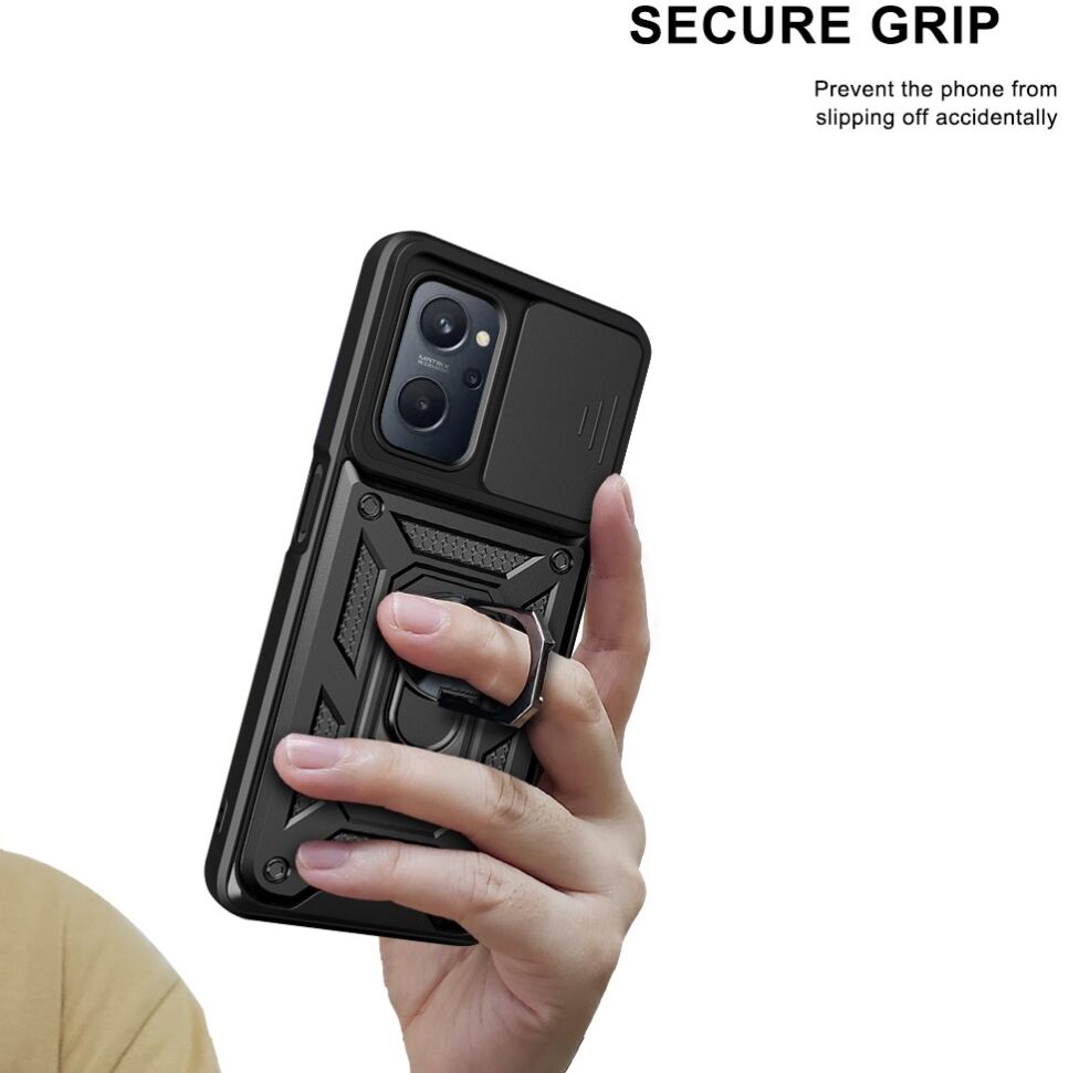 Realme 9i/Oppo A76/A96 Hoesje Camera Slider en Kickstand Ring Zwart afbeelding 6