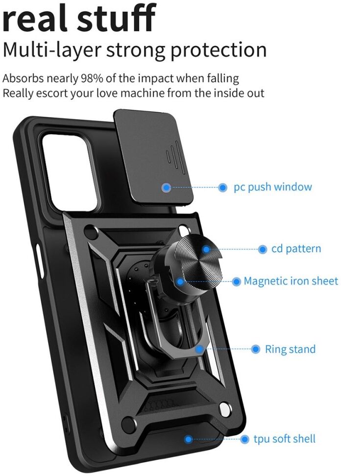 Realme 9i/Oppo A76/A96 Hoesje Camera Slider en Kickstand Ring Zwart afbeelding 7