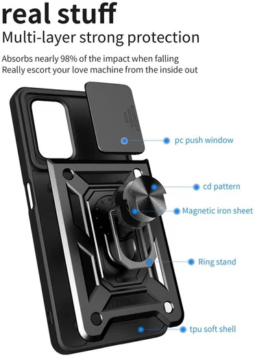 Realme 9i/Oppo A76/A96 Hoesje Camera Slider en Kickstand Ring Zwart afbeelding 7