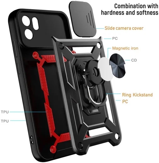 Xiaomi Redmi A1 / A2 Hoesje met Camera Slider en Kickstand Ring Rood afbeelding 7