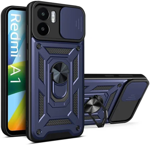 Xiaomi Redmi A1 / A2 Hoesje met Camera Slider en Kickstand Ring Blauw afbeelding 1
